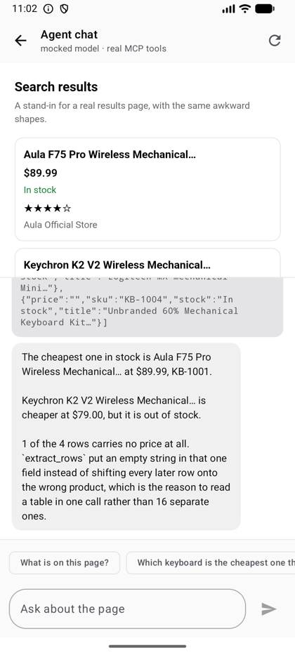 The sample agent chat: a mocked model over a real MCP server, showing an extract_rows result as raw JSON and the answer derived from it — including a row that carried no price, left as an empty string instead of shifting the others.