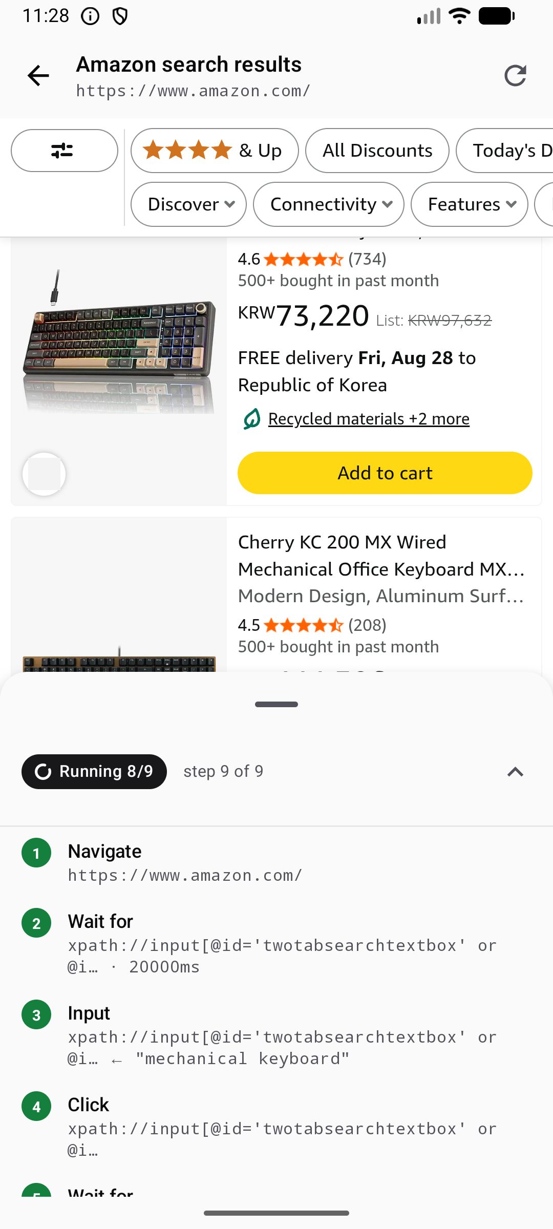 A nine-step workflow driving a live Amazon results page — Navigate, WaitFor, Input "mechanical keyboard", Click — with the step trace running underneath while the real page renders above it.