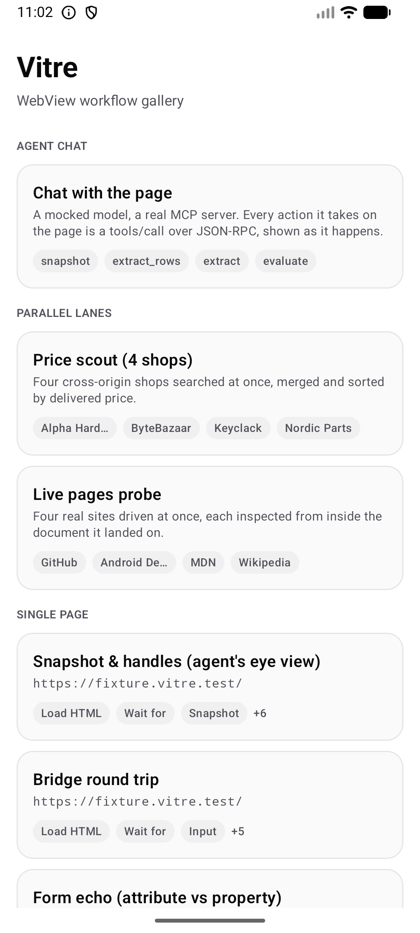 The Vitre sample gallery on Android: an agent chat entry at the top, parallel-lane scenarios in the middle, then one card per single-page workflow.