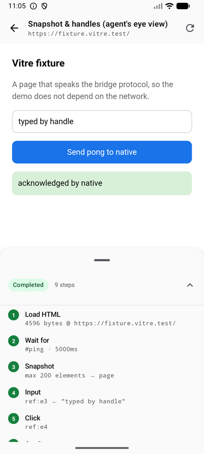 A completed workflow in the sample runner: the page on top, a nine-step trace underneath, with steps addressing elements by the handles a snapshot issued rather than by selectors.